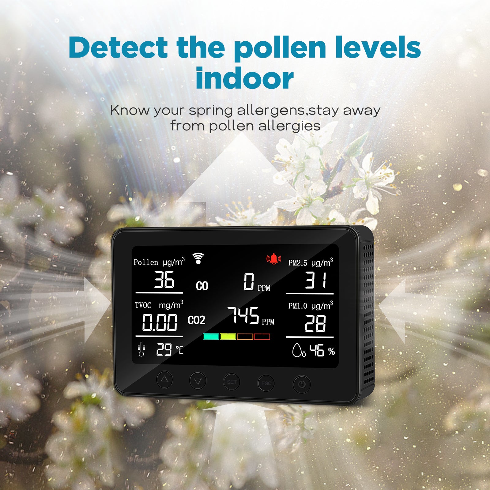 CAREFOR Smart Air Quality Monitor Indoor, Air Quality Meter Detects Pollen, CO, PM2.5, PM1.0, CO2, TVOC, Humidity, Temp, Wildfire App for Configuration&Data History and Alerts, Connected with 5GHz Wi-Fi