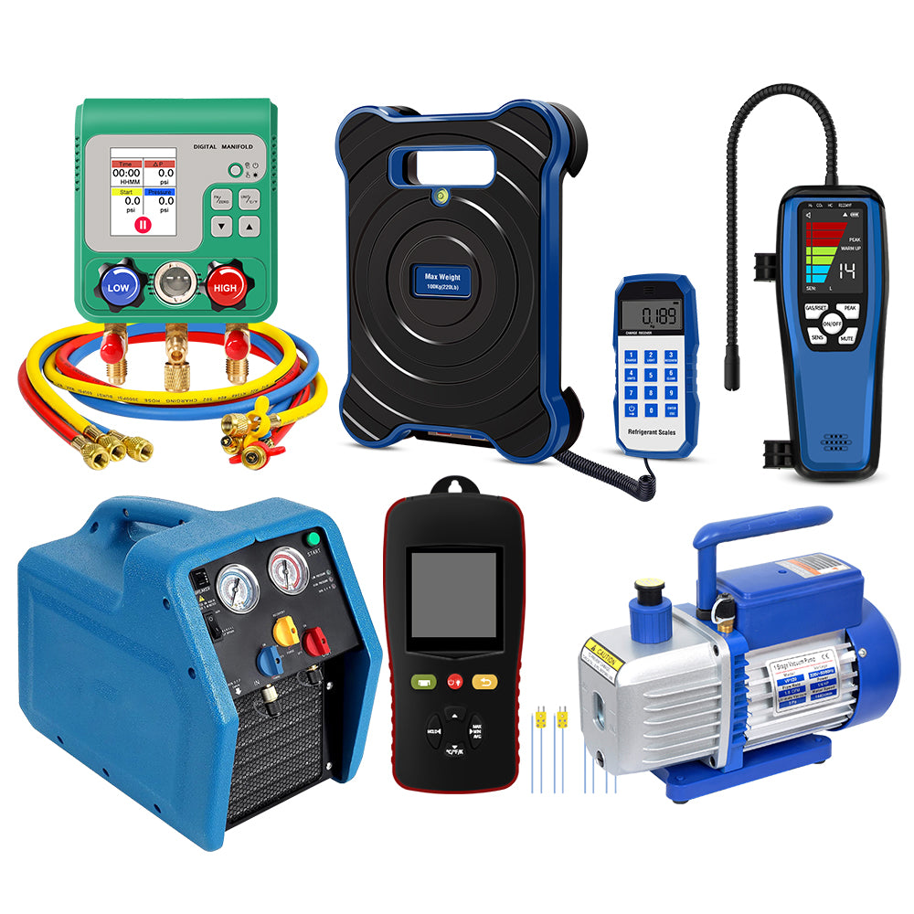 Aprvtio AHTS-100S HVAC Repair Tool Set with Digital Manifold, K-type Thermometer, Refrigerant Leak Detector, Recovery Machine, Dual Stage 4.5CFM Vacuum Pump, Refrigerant Scale with Bubble Level (Pre-order)