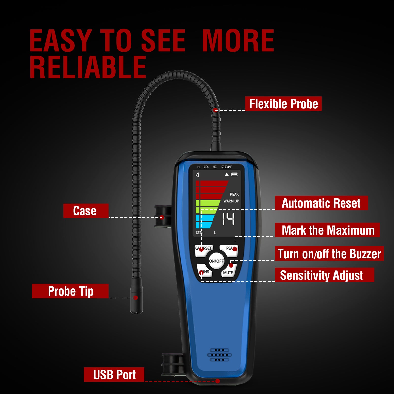 HVAC Refrigerant Leak Detector, ALD-200 Freon Leak Detector, Rechargeable Freon Sniffer Halogen Combustible Gas Leak Detector 16-Inch Sensor Probes with Loud Alarm,for R134A R410A R22 R600A R454B