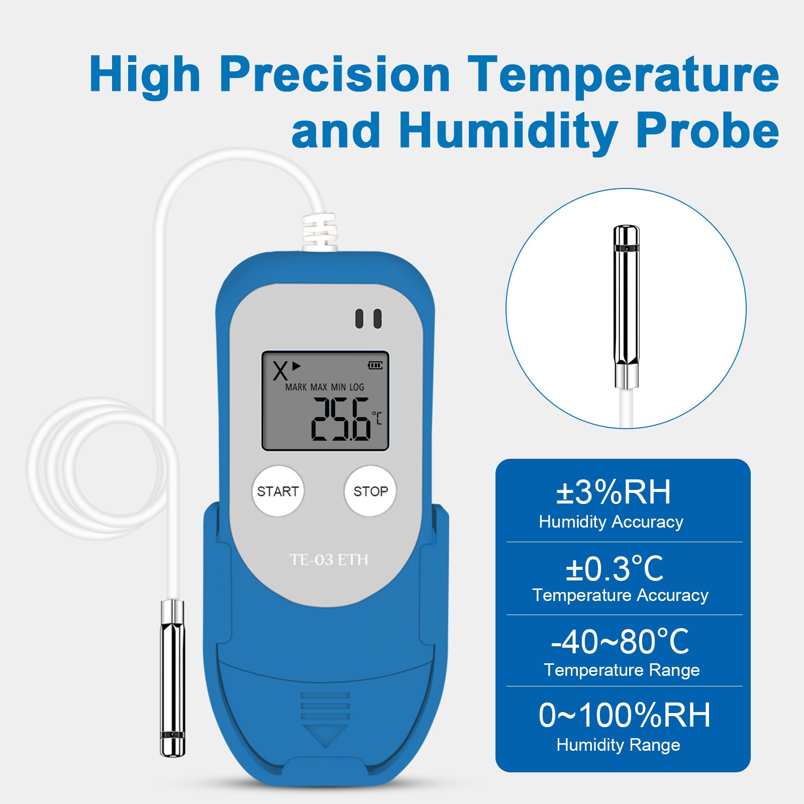 TE-03 ETH Digital Temperature And Humidity Data Logger With Probes  -40℃ ~85℃  0%~100%RH Audio Alarm