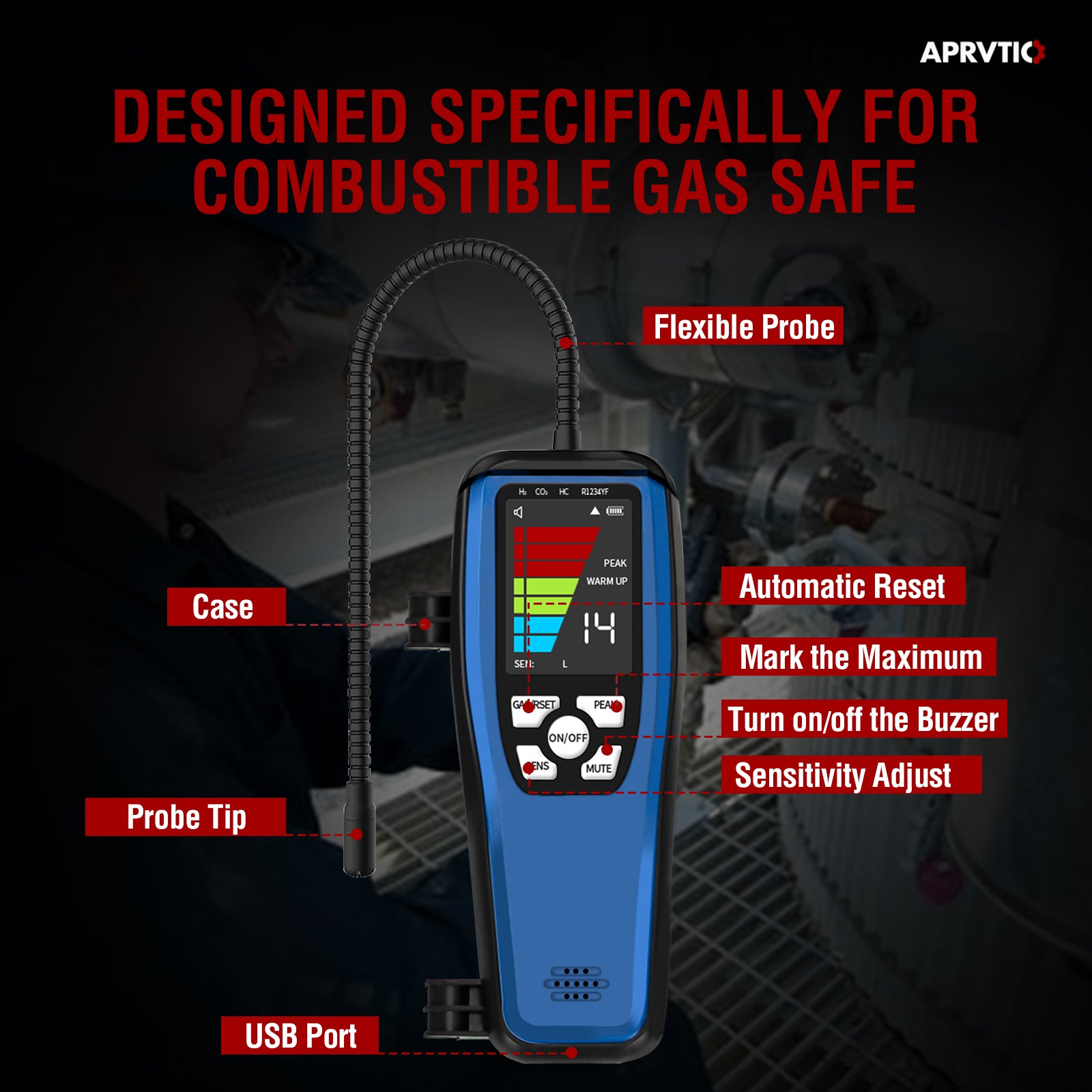 Gas Leak Detector, Aprvtio ALD-50 Natural Gas Leak Detector Combustible Gas Detector, Propane Leak Detector with 16-Inch Gooseneck, Audible & Visual Alarm, 3000mAh Rechargeable Battery