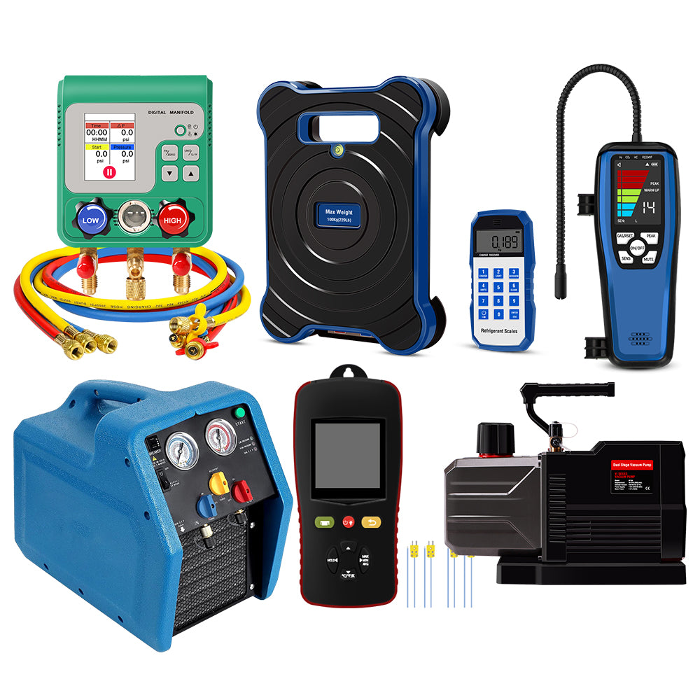 Aprvtio AHTS-100S DC 12CFM HVAC Tool Set with Digital Manifold, K-type Thermometer, Refrigerant Leak Detector, Recovery Machine, Dual Stage DC 6CFM Vacuum Pump, Refrigerant Scale with Bubble Level (Pre-order)