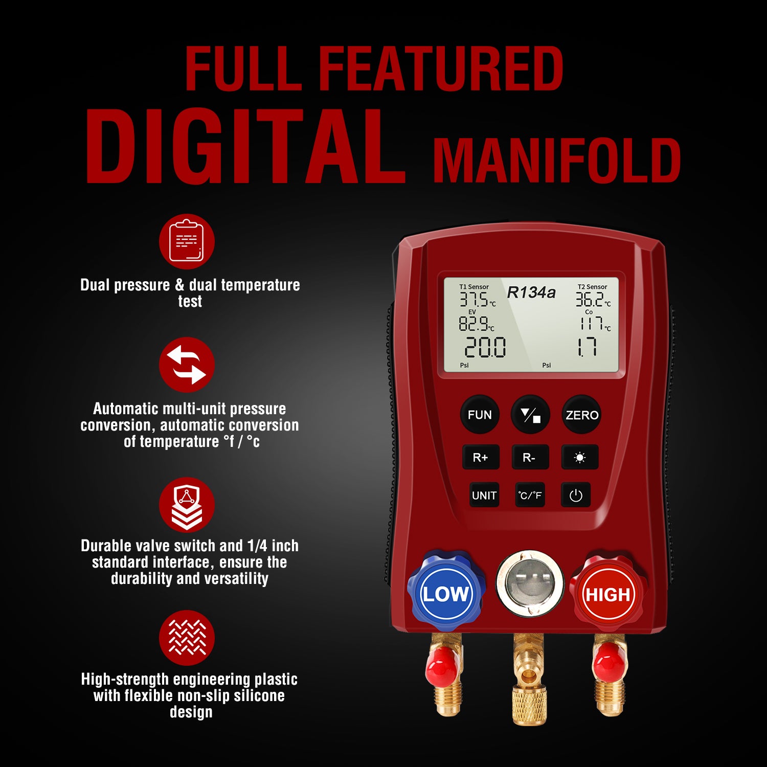 HVAC Gauges, Digital AC Gauge Set AMF-200 Digital Manifold Gauge with Hoses and 2 Wired Temperature Clamp Probes, Automotive Refrigeration HVAC System Gauge Set, HVAC Tools Kit R134a R22