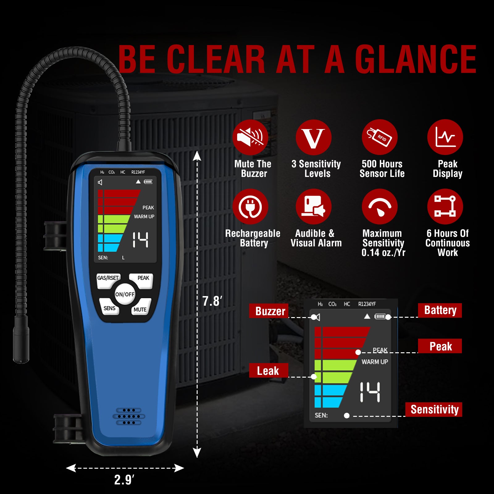 HVAC Refrigerant Leak Detector, ALD-200 Freon Leak Detector, Rechargeable Freon Sniffer Halogen Combustible Gas Leak Detector 16-Inch Sensor Probes with Loud Alarm,for R134A R410A R22 R600A R454B