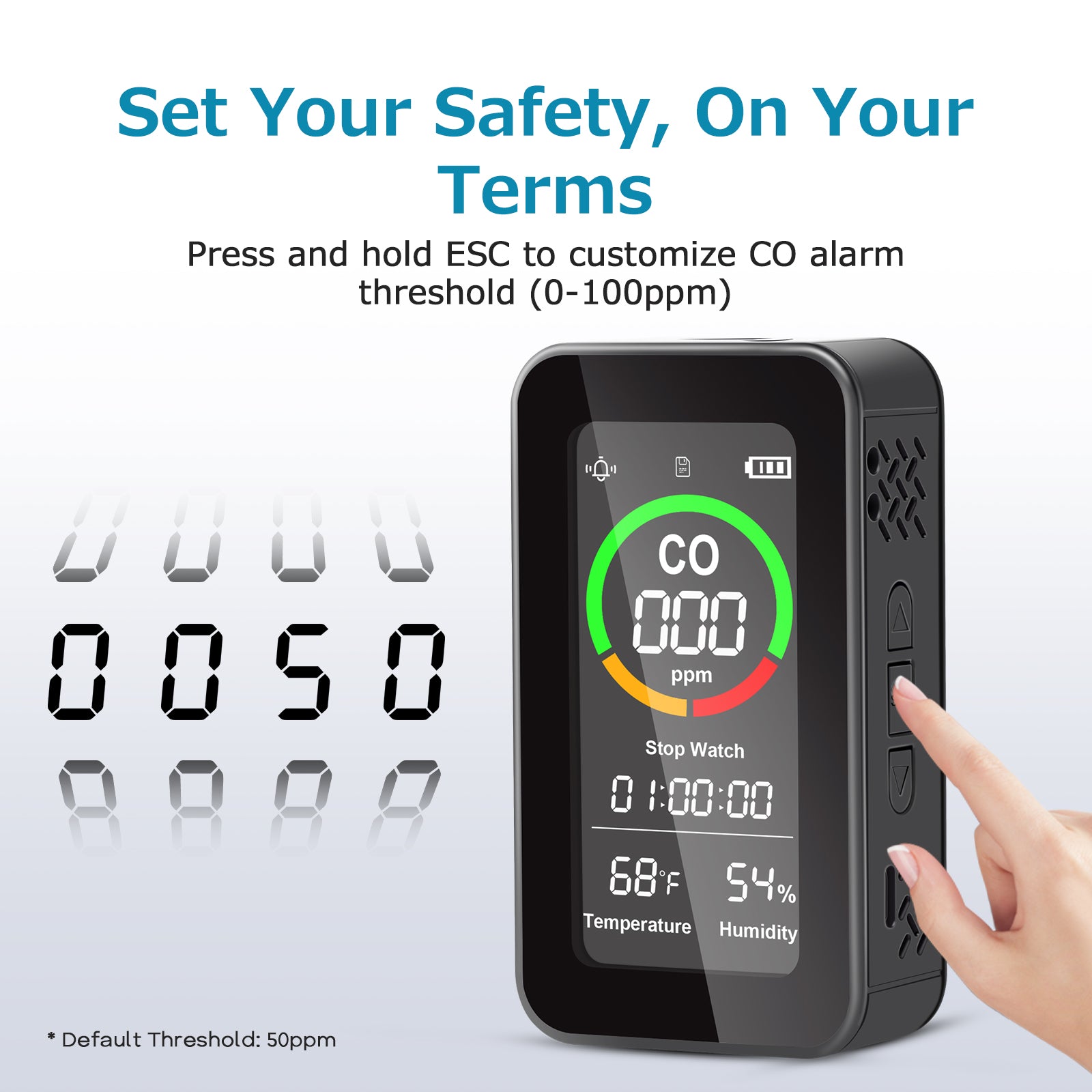 CAREFOR Portable Carbon Monoxide Detector,144HR Standby, Rechargeable 3-in-1 Air Quality CO Monitor CO Detector with Audible & Visual Alerts for Home, Car & Tent, High Lumen Flashlight for Travel & Camping