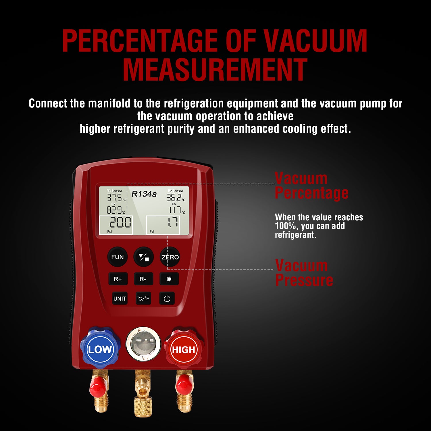 HVAC Gauges, Digital AC Gauge Set AMF-200 Digital Manifold Gauge with Hoses and 2 Wired Temperature Clamp Probes, Automotive Refrigeration HVAC System Gauge Set, HVAC Tools Kit R134a R22