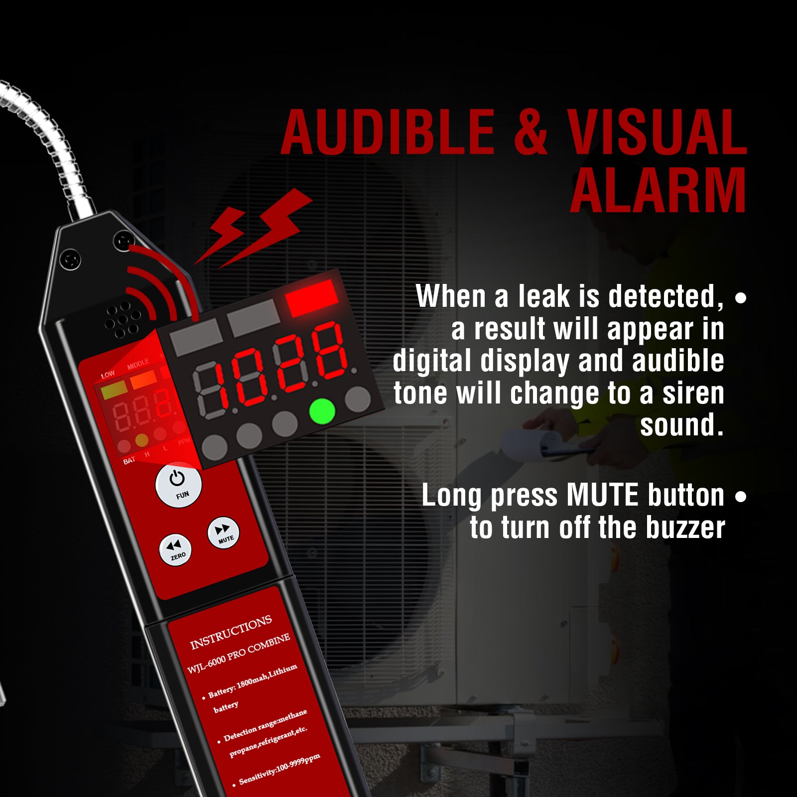 Refrigerant Leak Detector, Aprvtio WJL-6000PRO Combine PPM Freon & Combustible Gas Leak Detector with Loud Alarm, 1800mAh Rechargeable Battery for R134A R410A Propane Methane
