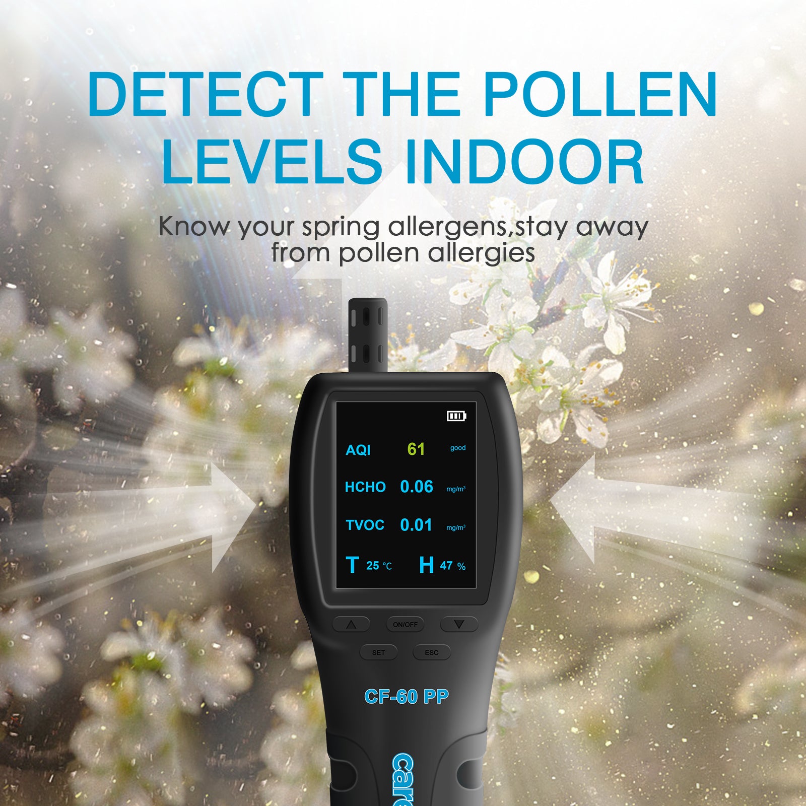 Carefor CF-60 PP Portable Air Quality Monitor  with Data Report, Air Pollution Monitor Detect Pollen CO2, PM2.5, PM1.0, TVOC, CO, HCHO, Temperature, Humidity