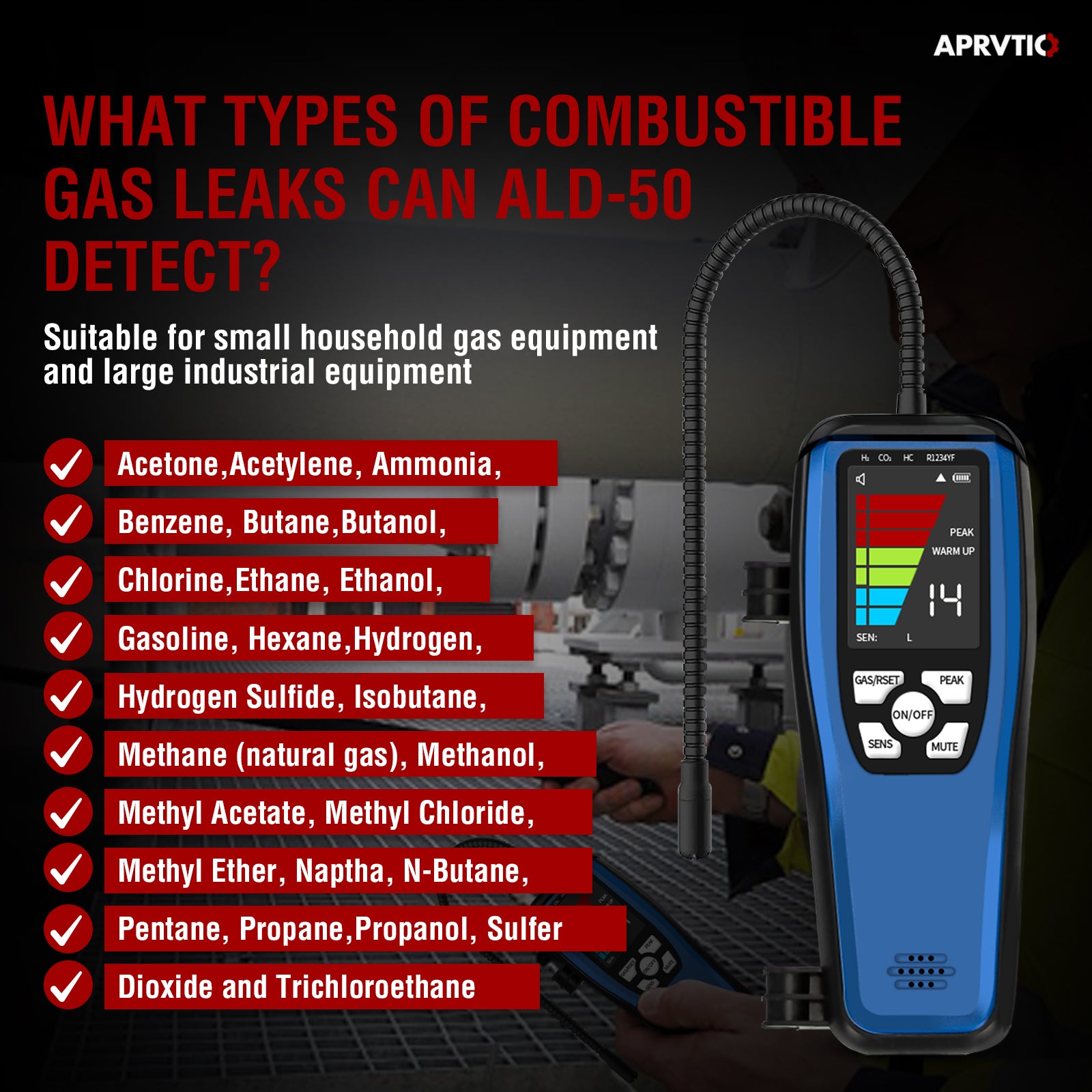 Gas Leak Detector, Aprvtio ALD-50 Natural Gas Leak Detector Combustible Gas Detector, Propane Leak Detector with 16-Inch Gooseneck, Audible & Visual Alarm, 3000mAh Rechargeable Battery