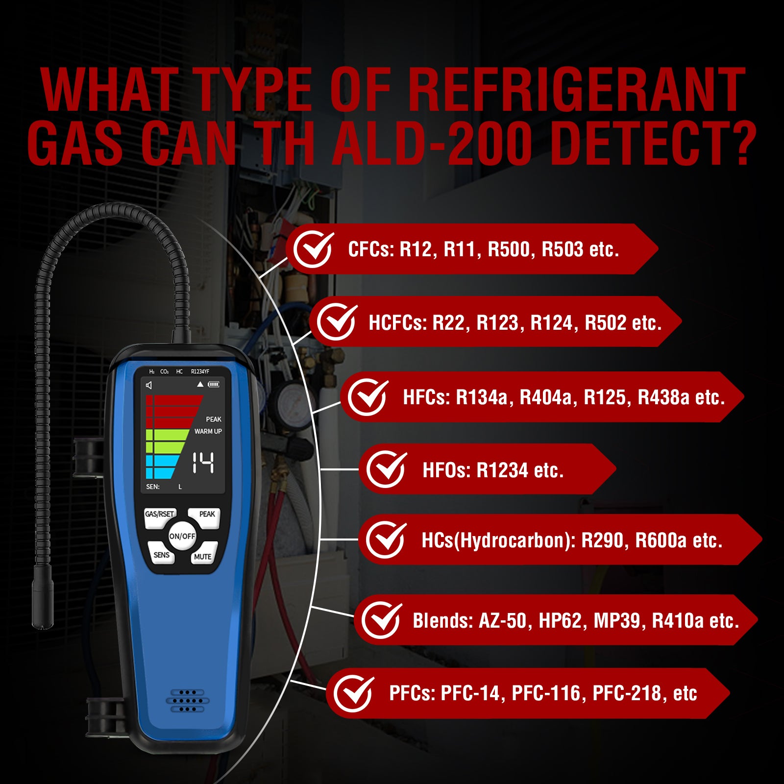 HVAC Refrigerant Leak Detector, ALD-200 Freon Leak Detector, Rechargeable Freon Sniffer Halogen Combustible Gas Leak Detector 16-Inch Sensor Probes with Loud Alarm,for R134A R410A R22 R600A R454B