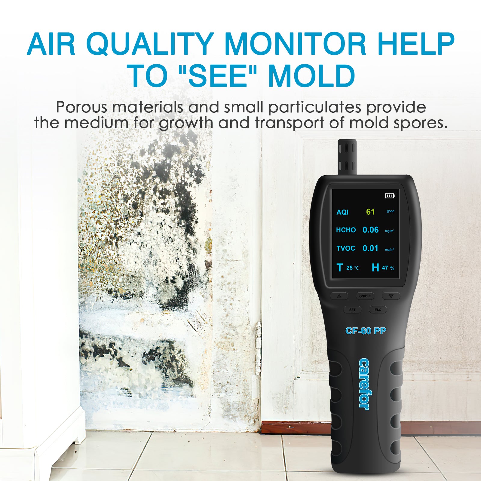 Carefor CF-60 PP Portable Air Quality Monitor  with Data Report, Air Pollution Monitor Detect Pollen CO2, PM2.5, PM1.0, TVOC, CO, HCHO, Temperature, Humidity
