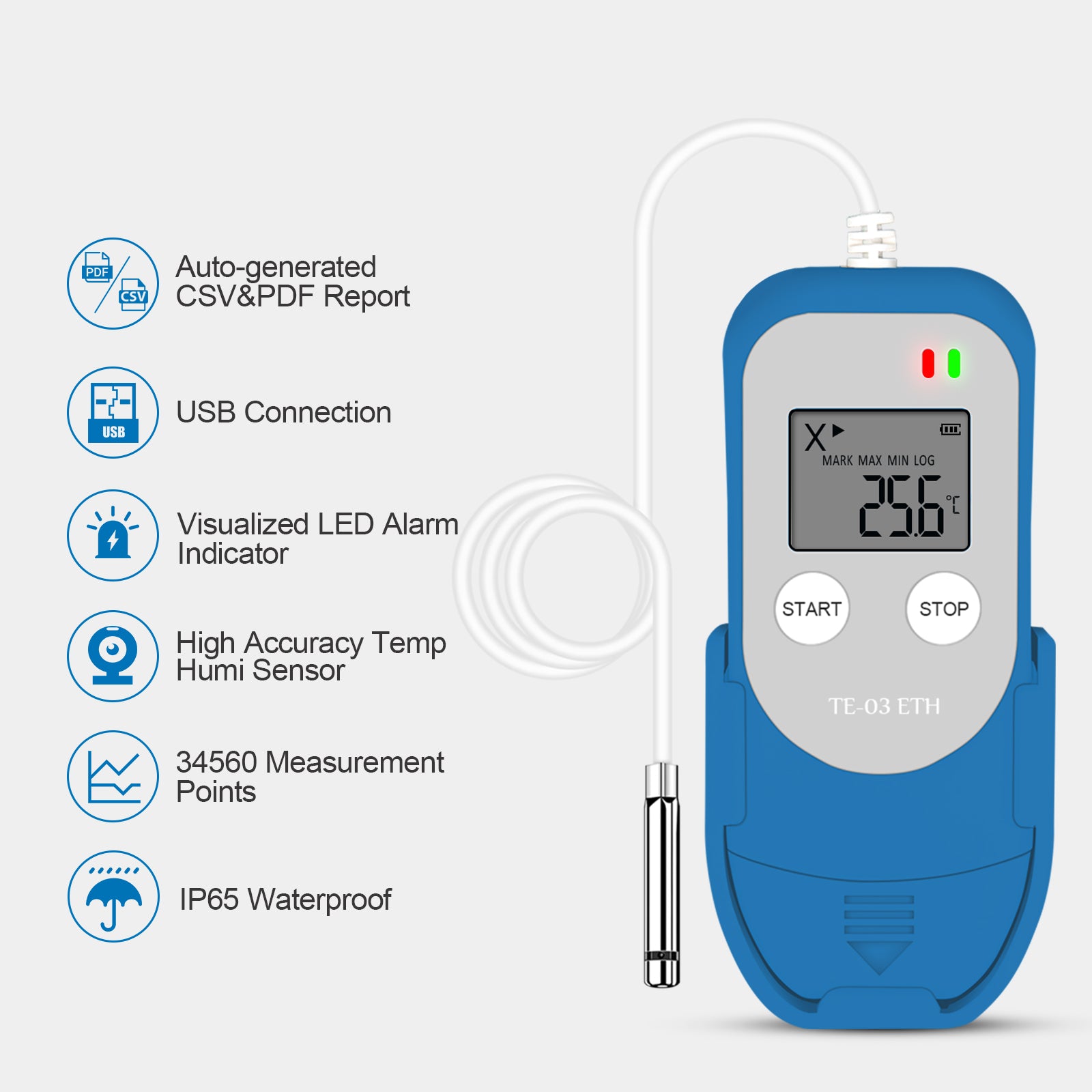 TE-03 ETH Digital Temperature And Humidity Data Logger With Probes  -40℃ ~85℃  0%~100%RH Audio Alarm