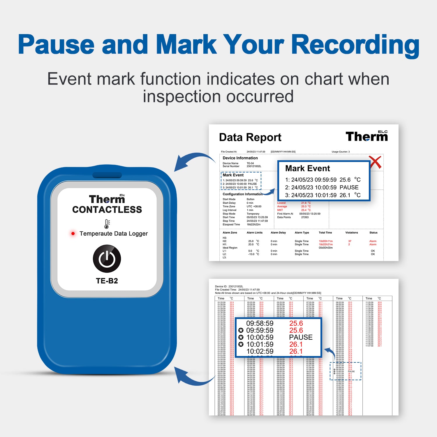 TE-B2 Bluetooth Temperature Data Logger, Auto PDF CSV Report, Compare Multi-Devices Data, Monitor Cold & Frozen Storage