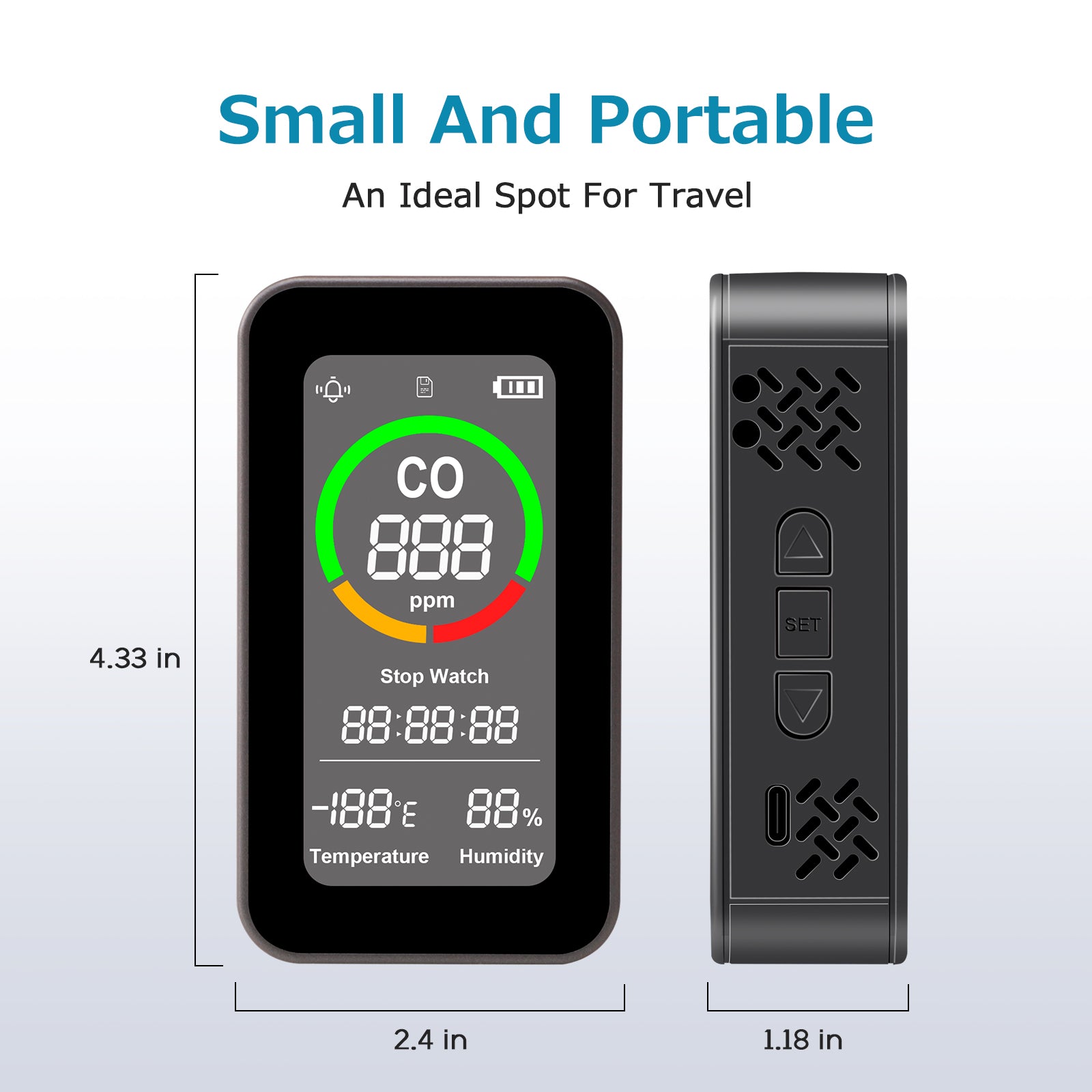 CAREFOR Portable Carbon Monoxide Detector,144HR Standby, Rechargeable 3-in-1 Air Quality CO Monitor CO Detector with Audible & Visual Alerts for Home, Car & Tent, High Lumen Flashlight for Travel & Camping