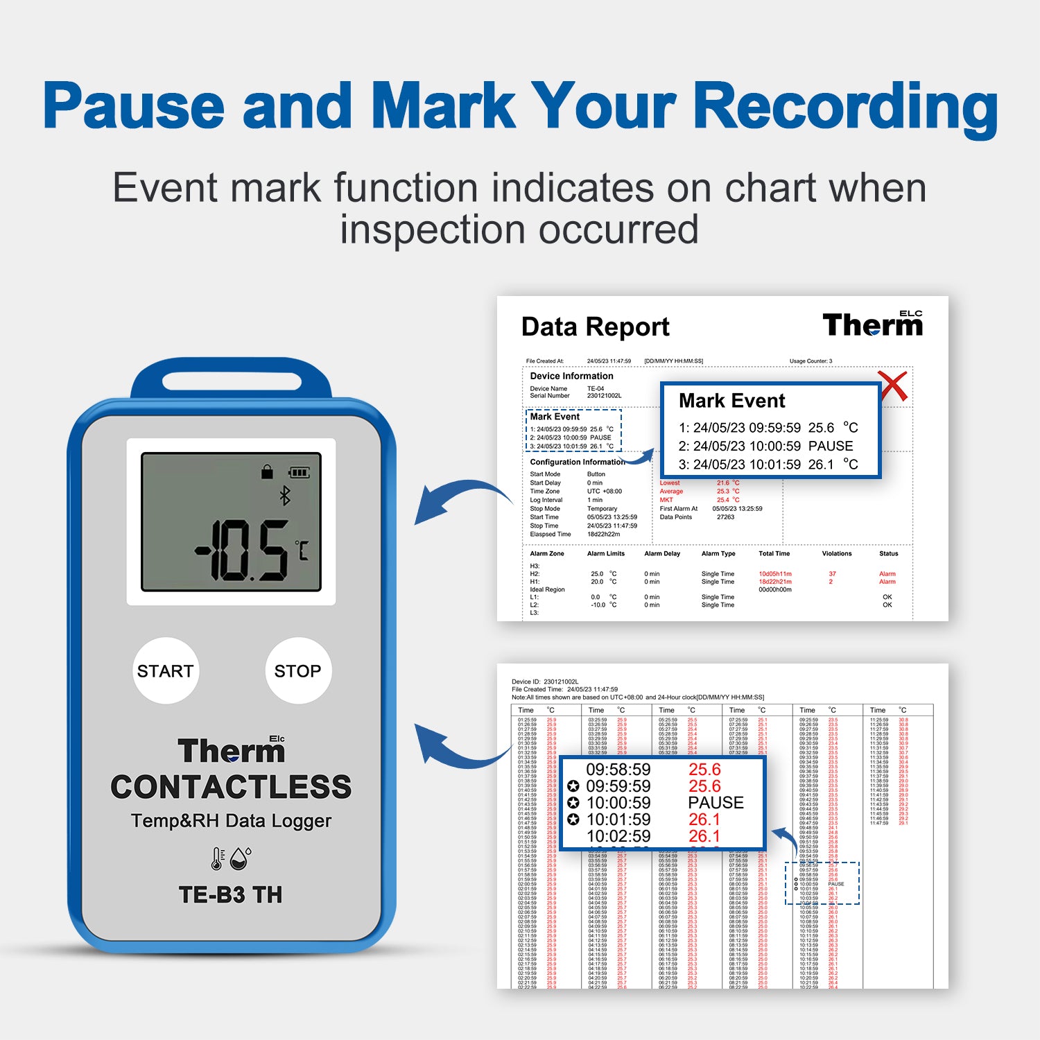 TE-B3 TH Wireless Temperature Humidity Data Logger with LCD Display, ±0.3℃ Accuracy, Auto PDF CSV Report, Compare Multi-Devices Data