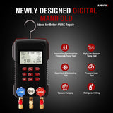 Digital HVAC Gauge, Aprvtio AMF-300 AC Manifold Gauge Set with 3000PSI Hoses and 2 Wired Temperature Clamp Probes, Refrigerant Gauges for Automotive HVAC System HVAC Tools Kit R134a R22 R12 R454B