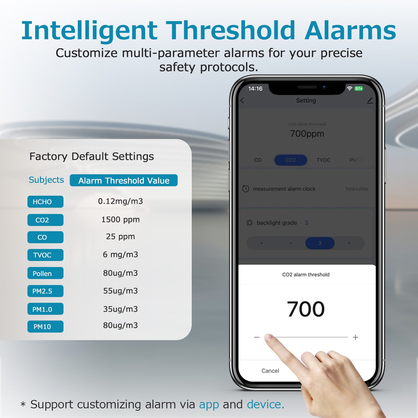 handheld air quality meter for home with intelligent threshold alarms