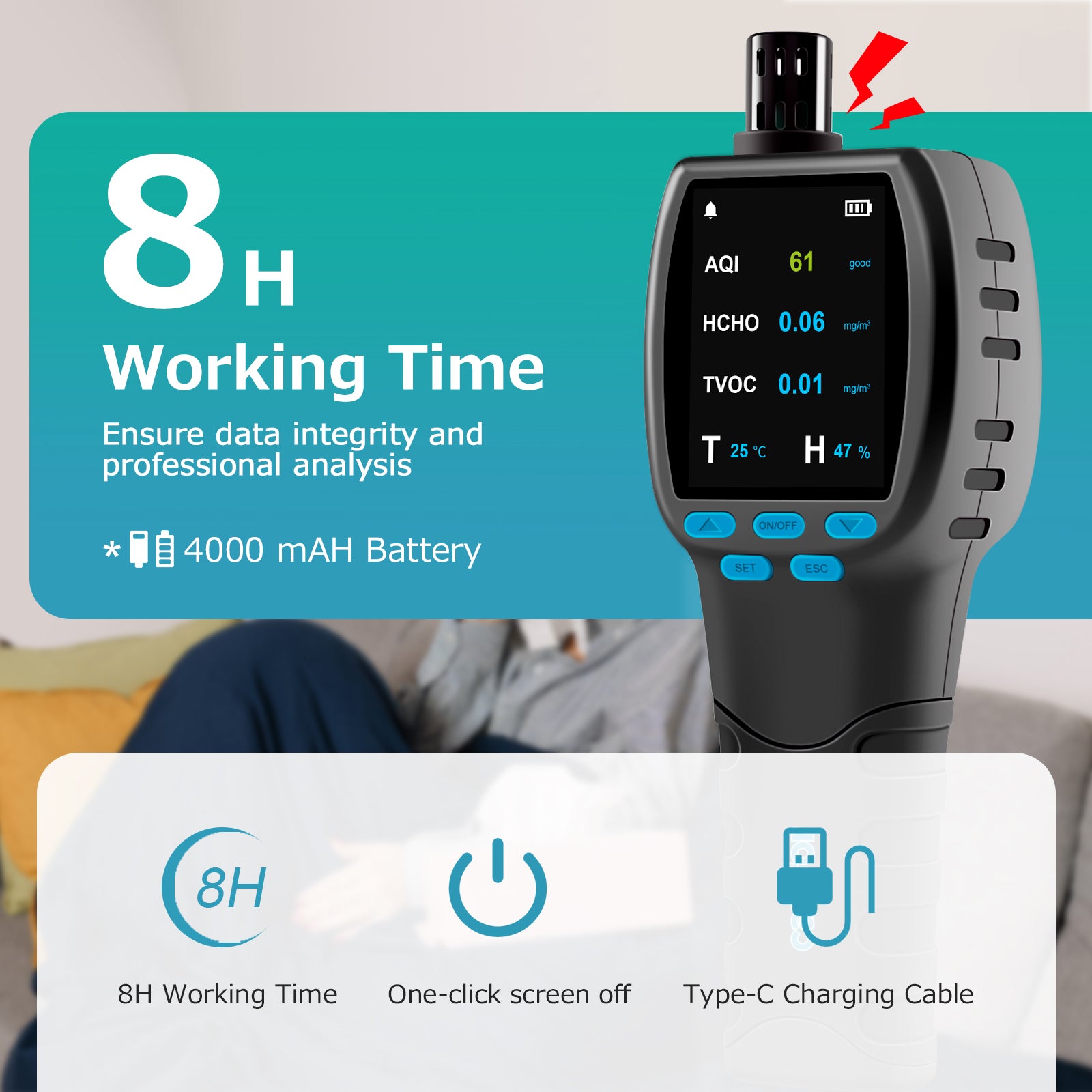 indoor air quality monitor with 8 hours workin time battery