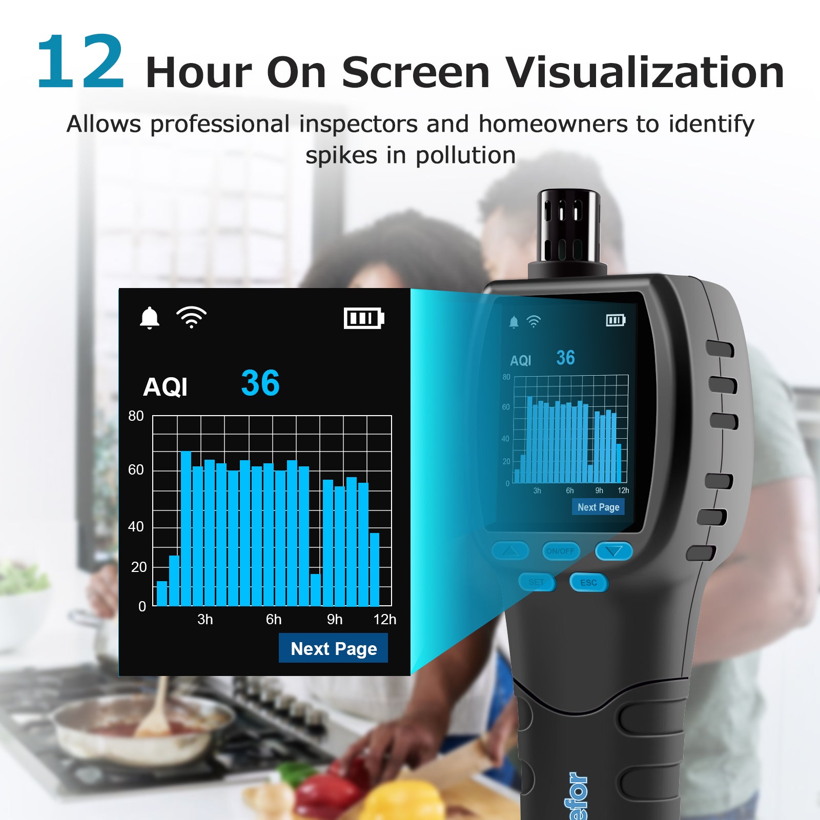 indoor outdoor air quality monitor with 12 hour on screen visualization