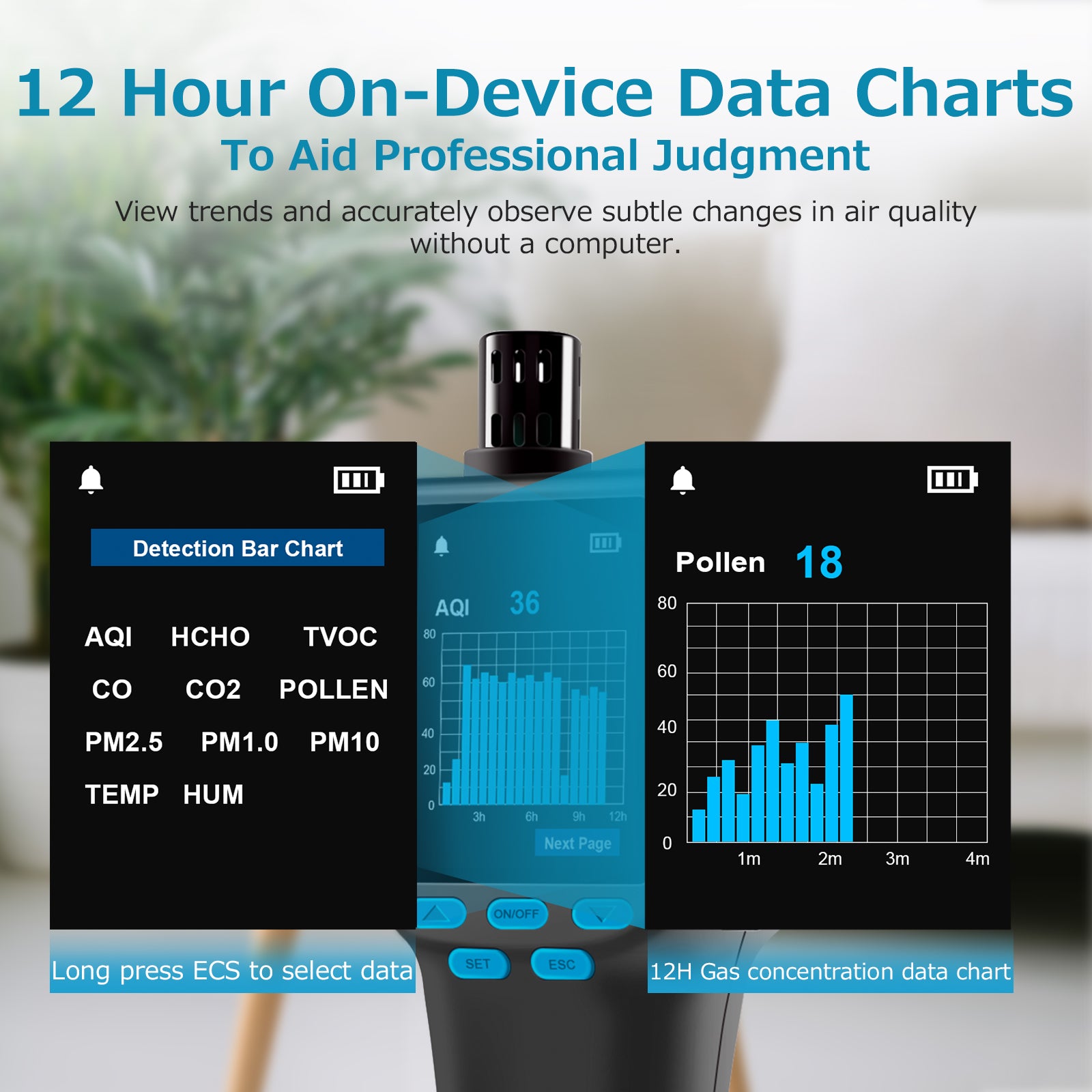 professional air quality monitor with 12 hours on-device data charts
