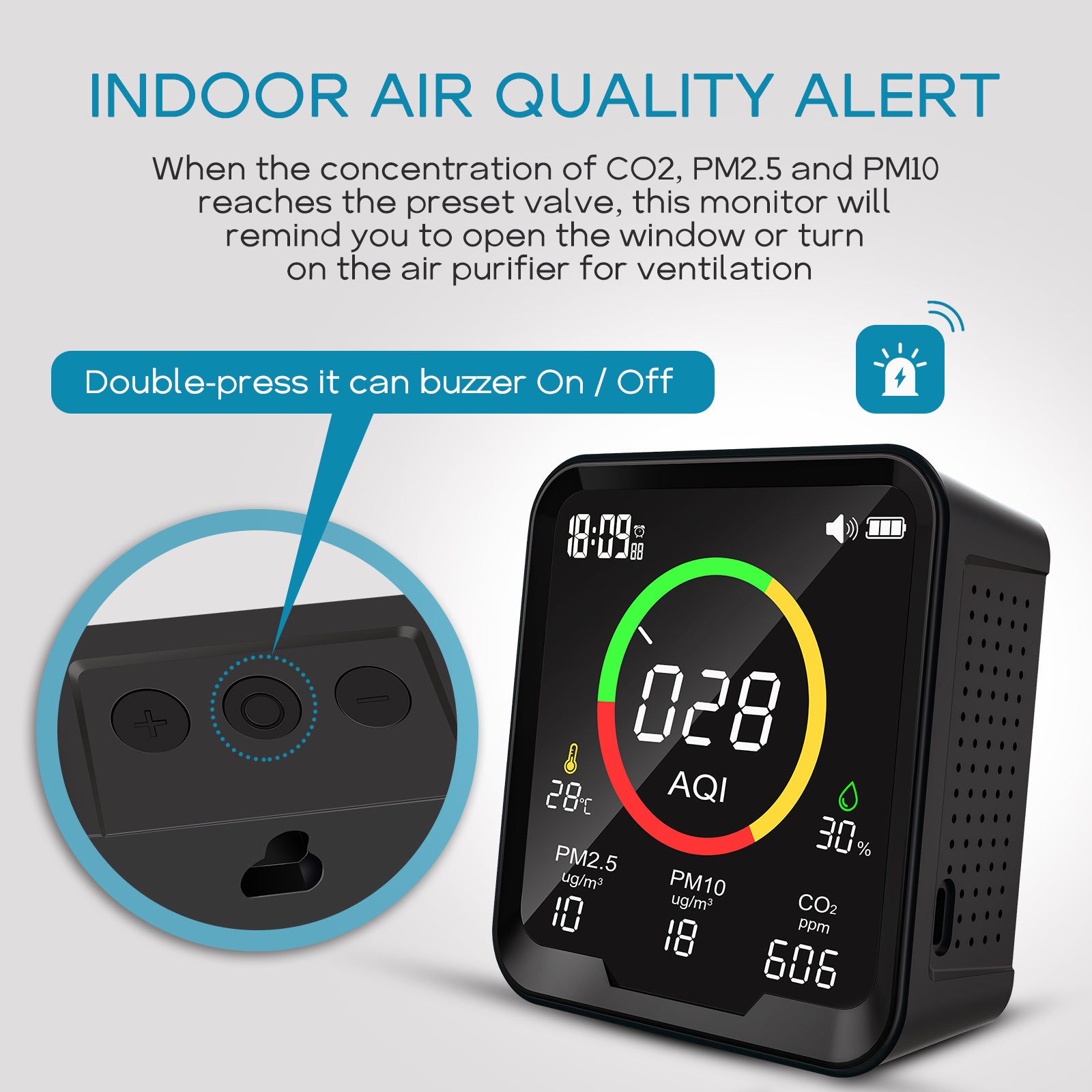 Carefor CF-9A Portable Air Quality Monitor For AQI, PM2.5, PM10, CO2, Temp  and Humidity,With Buzzer Alarm