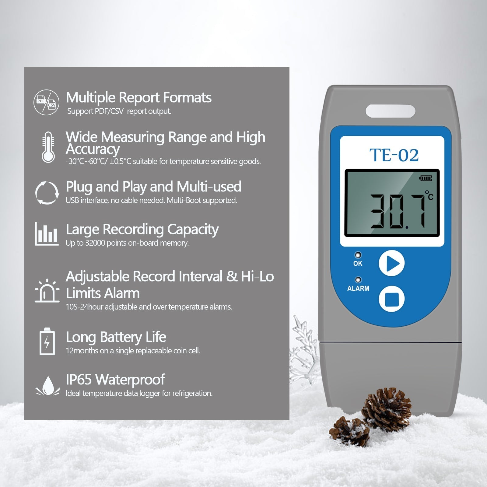 Aprvtio TE-02 50PCS Temperature Data logger Reusable with Auto PDF Report -30°C ~+60°C